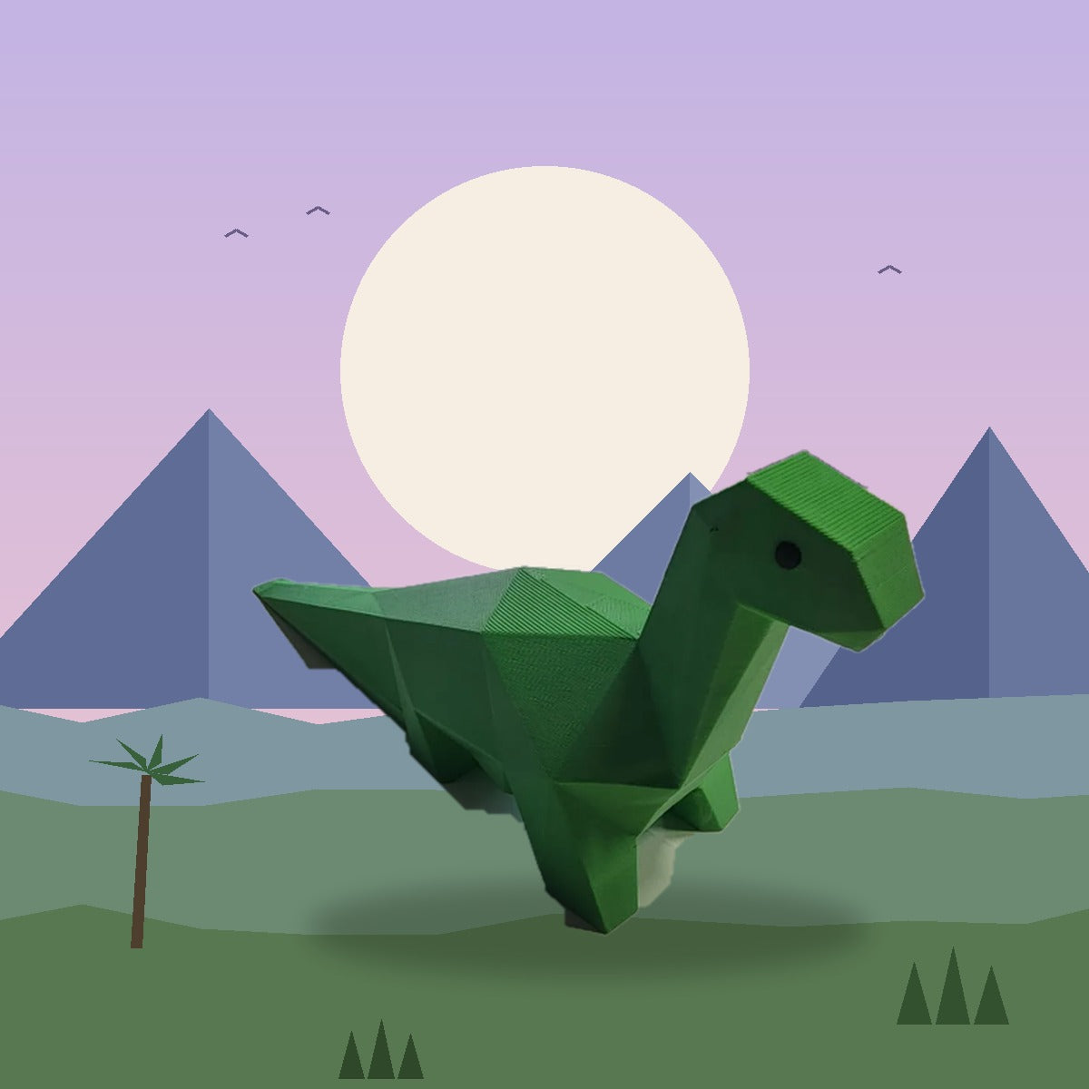 Low-poly Brontosaurus 3D printed dinosaur doorstop holding a door open