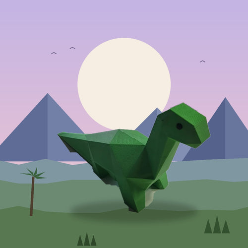 Low-poly Brontosaurus 3D printed dinosaur doorstop holding a door open