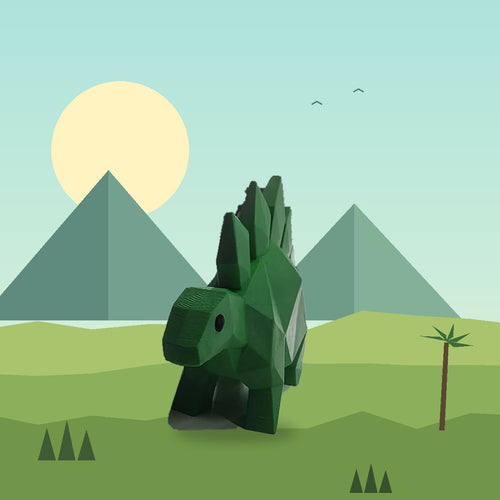 Low-poly Stegosaurus 3D printed dinosaur doorstop propping a door